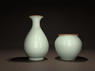 Two Elegant Ceramic Vessels Tall Vase And Round Jar With Celadon Glaze Brown Rim 3d model