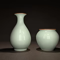 Two Elegant Ceramic Vessels Tall Vase And Round Jar With Celadon Glaze Brown Rim