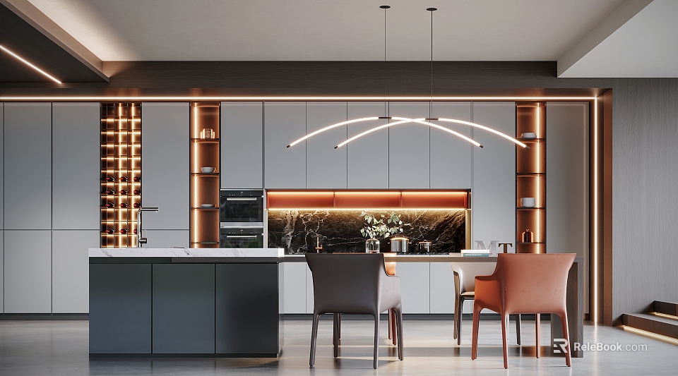 Modern Restaurant Open Kitchen Interior With Island Counter Cabinets And Hanging Lights 3d model 