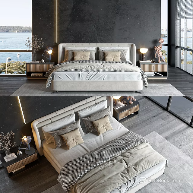 Modern Double Bed Bedroom Interior With Bedside Lamps Pillows And Window View 3d model