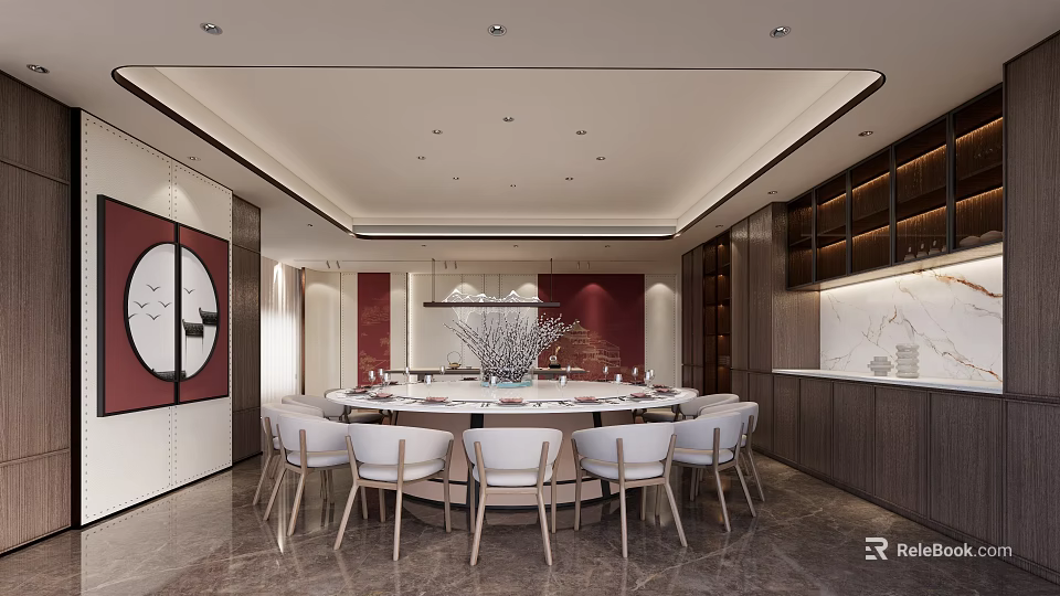 Chinese Style Private Dining Room With Round Table White Chairs And Red Wall Decor 3d model 