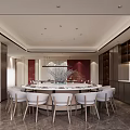 Chinese Style Private Dining Room With Round Table White Chairs And Red Wall Decor