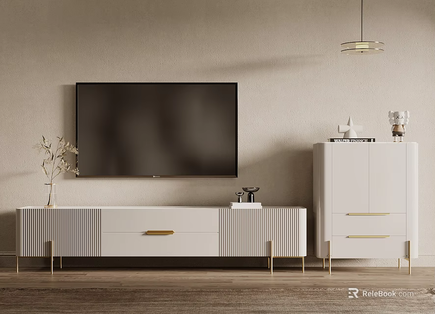 Modern White TV Stand With Gold Accents And Storage Cabinet In Living Room 3d model 