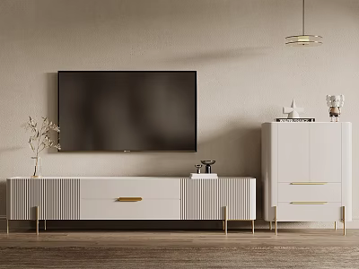 Modern White TV Stand With Gold Accents And Storage Cabinet In Living Room 3d model