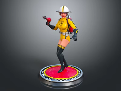 Game Movie Character In Yellow Bodysuit With White Helmet Red Weapon On Red Checkered Base 3d model