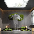 Indoor Water Fountain With Hanging Mossy Stone Waterfall Lotus Leaves Flowers Lanterns And Skylight