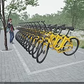 Yellow Shared Bikes Parked Along Roadside With Trees Brick Pavement And Person Standing Nearby