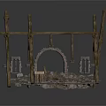 Ancient Wooden Machinery Structure Featuring Arch Frame Stone Base And Tools 3d model