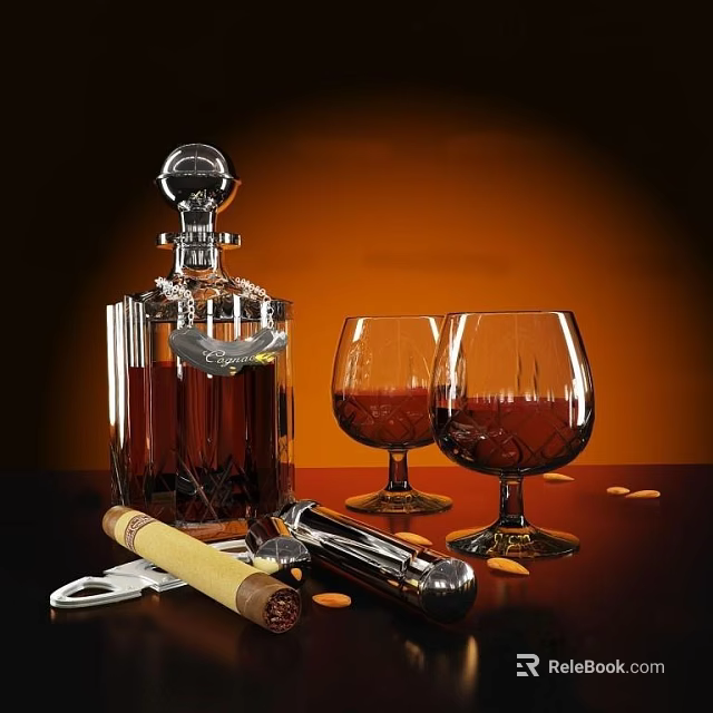 Elegant Crystal Decanter and Brandy Glasses with Cigar and Bar Tools on Warm Background 3d model 