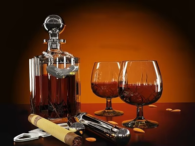 Elegant Crystal Decanter and Brandy Glasses with Cigar and Bar Tools on Warm Background 3d model
