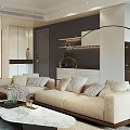 Modern Living and Dining Room Interior With Beige Sofa And Marble Coffee Table