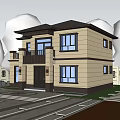 Two Story Detached Villa Exterior Design With Garden Greenery And Front Yard Lighting