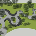 Scenic Garden Landscape With Winding Paths Green Grass Trees And Rock Accents