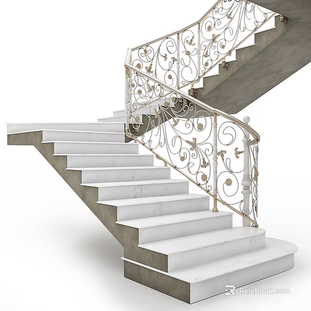 Elegant Staircase With Marble Steps And Ornate Metal Railings With Intricate Patterns 3d model 