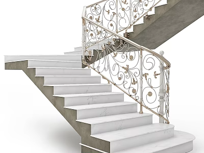Elegant Staircase With Marble Steps And Ornate Metal Railings With Intricate Patterns 3d model