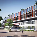 Modern School Building Featuring Multi Level Structure Large Windows Entrance Courtyard And Green Trees