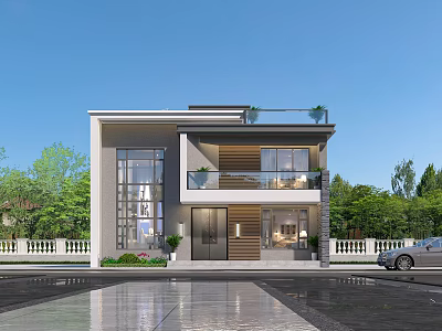 Modern Two Story Detached Villa With Large Windows Spacious Driveway And Green Trees 3d model