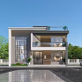 Modern Two Story Detached Villa With Large Windows Spacious Driveway And Green Trees