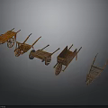 Five Vintage Wooden Wheelbarrows Arranged On Dark Background With Classic Design