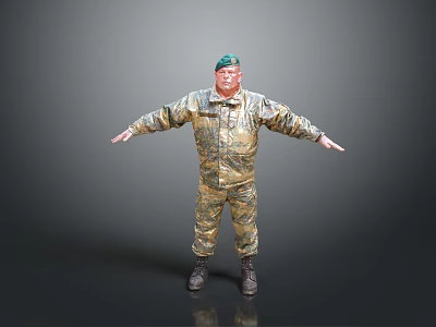 Man In Camouflage Uniform With Green Cap Standing Arms Outstretched 3d model
