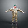Man In Camouflage Uniform With Green Cap Standing Arms Outstretched