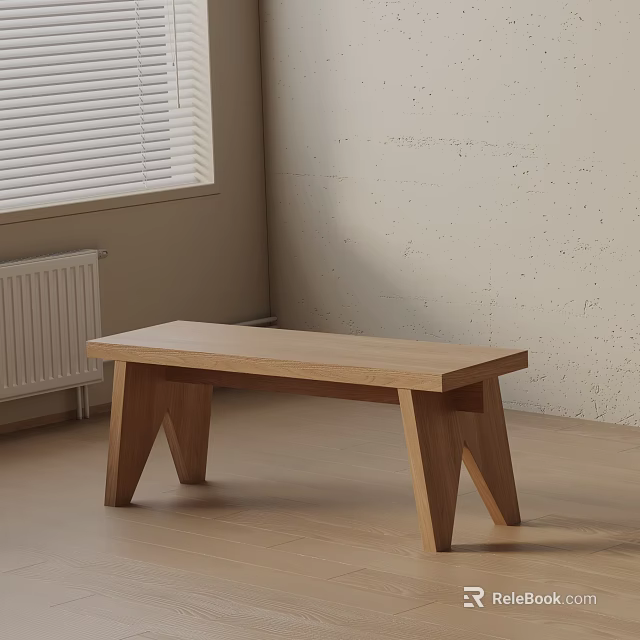 Modern Minimalist Wooden Sofa Bench in Indoor Room with Light Colored Wall and Wooden Floor 3d model 