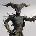 Mystical Female Creature in Spiked Armor with Horns and Clawed Hands on Hip