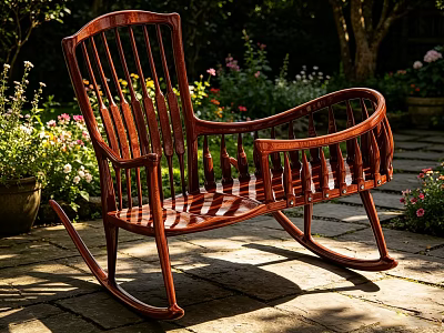 Comfortable Wooden Rocking Chair in Outdoor Garden with Flowers and Sunlight 3d model