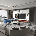 Modern Living Room With Marble TV Wall Sofa Blue Armchairs Coffee Table And Large Window