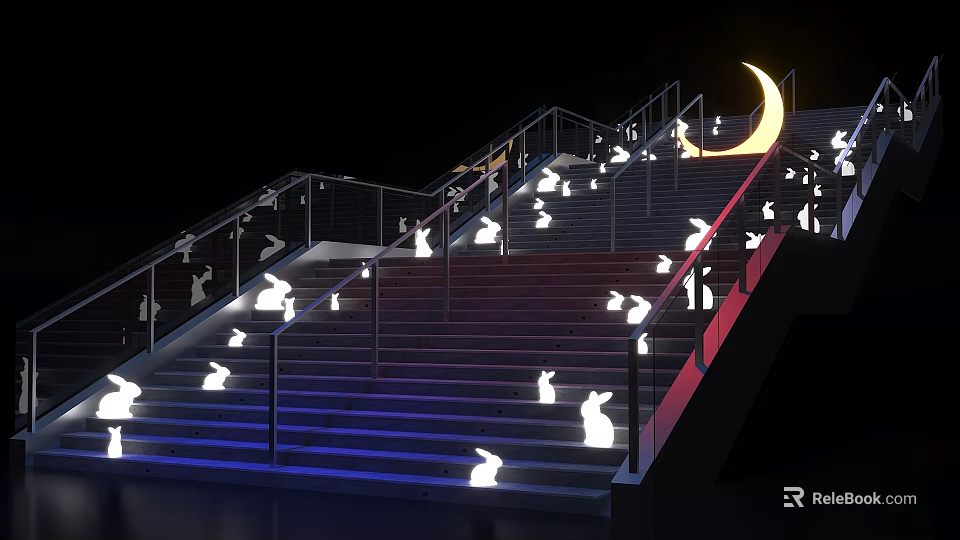Illuminated Staircase With Rabbit Silhouettes And Crescent Moon As Photo Spot 3d model 