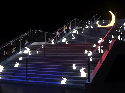 Illuminated Staircase With Rabbit Silhouettes And Crescent Moon As Photo Spot 3d model