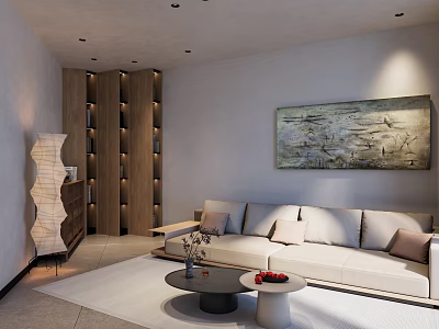 Modern Minimalist Conference Room Lounge With Comfortable Sofa Elegant Wall Art And Practical Wooden Shelves 3d model