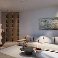 Modern Minimalist Conference Room Lounge With Comfortable Sofa Elegant Wall Art And Practical Wooden Shelves