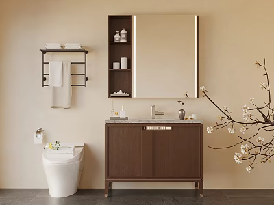 Modern Bathroom Interior With Wooden Vanity Mirror Toilet And Flowering Decorative Branch 3d model