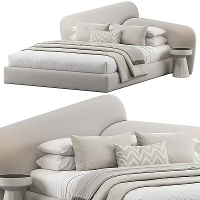 Modern Double Bed With Upholstered Headboard Minimalist Design Beige Fabric Decorative Pillows Blanket And Side Nightstand 3d model