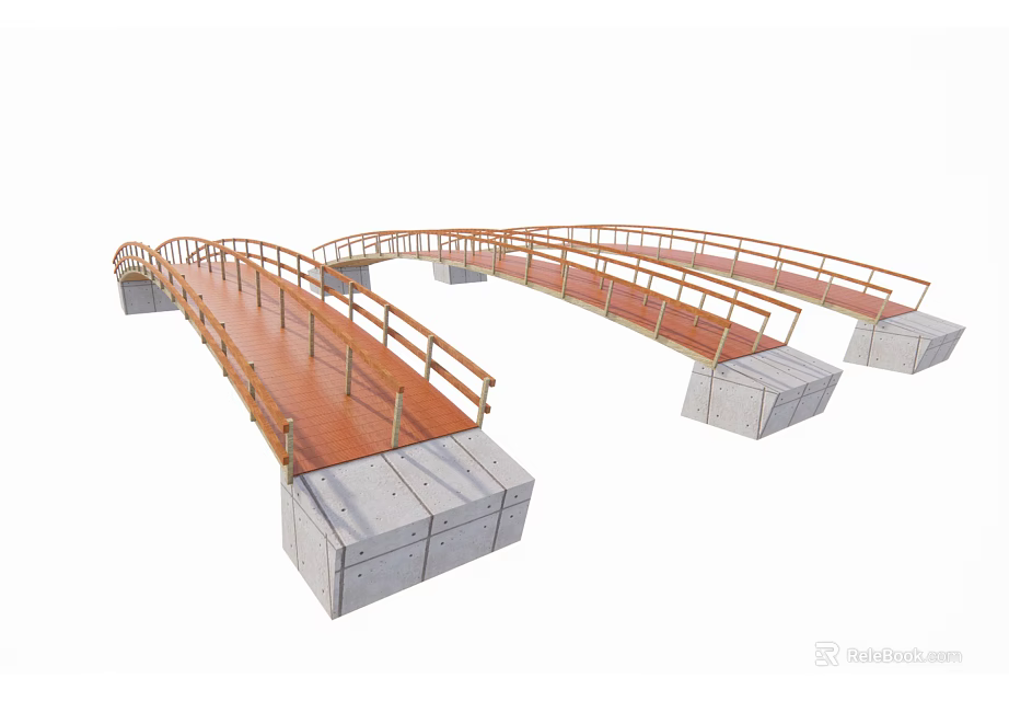Curved Bridge Structure With Wooden Railings And Concrete Bases Walkway Design 3d model 