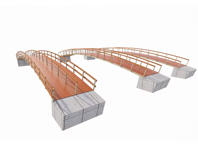 Curved Bridge Structure With Wooden Railings And Concrete Bases Walkway Design 3d model