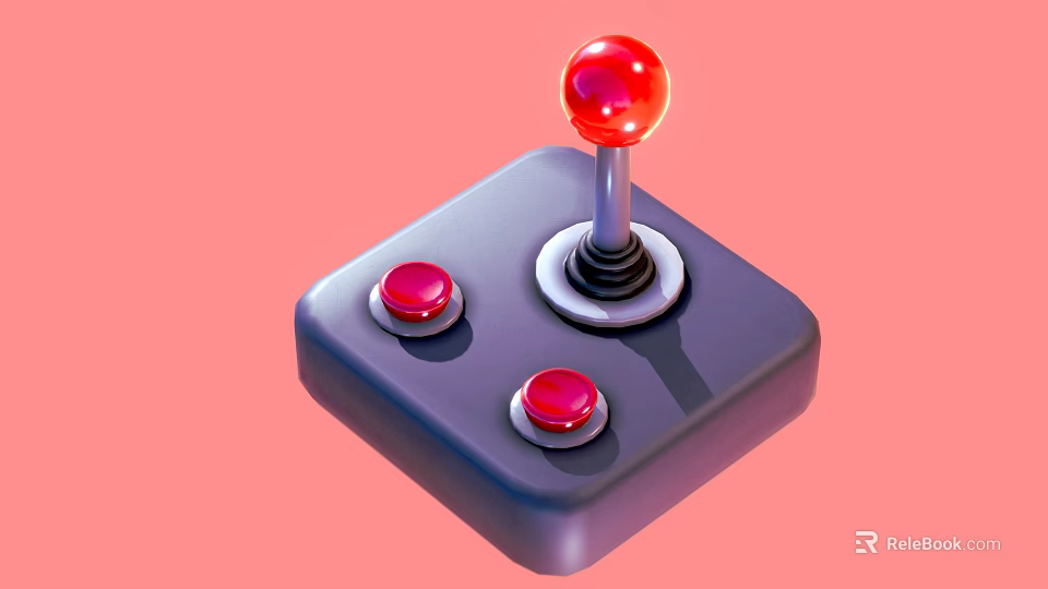 Retro Gaming Joystick With Red Ball Top And Two Red Buttons On Gray Base 3d model 