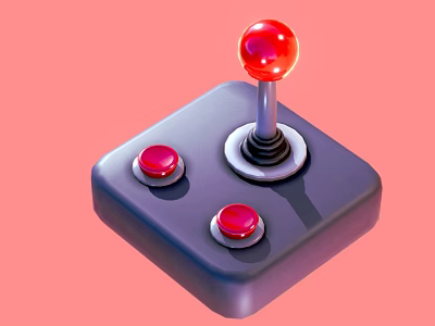 Retro Gaming Joystick With Red Ball Top And Two Red Buttons On Gray Base 3d model
