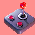 Retro Gaming Joystick With Red Ball Top And Two Red Buttons On Gray Base