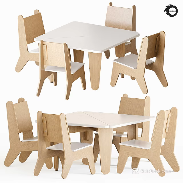 Modern Table and Chair Set with White Tabletop Light Wooden Chairs and White Seats 3d model 