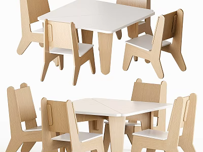 Modern Table and Chair Set with White Tabletop Light Wooden Chairs and White Seats 3d model