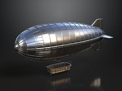 Silver Metallic Airship Model With Suspended Basket On Dark Surface 3d model