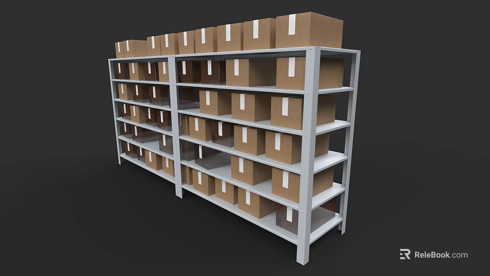 Storage Shelves With Multiple Layers Holding Brown Cardboard Boxes And White Labels 3d model 