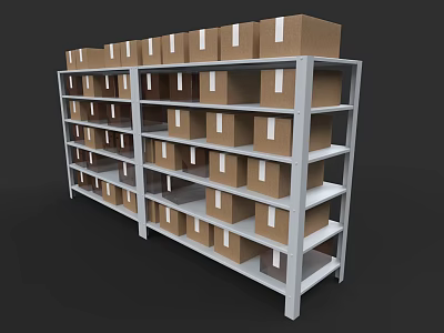 Storage Shelves With Multiple Layers Holding Brown Cardboard Boxes And White Labels 3d model