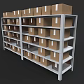 Storage Shelves With Multiple Layers Holding Brown Cardboard Boxes And White Labels 3d model