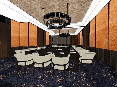 Elegant Meeting Room Interior With Long Table White Chairs Chandeliers Brown Orange Walls Patterned Carpet 3d model