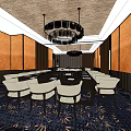 Elegant Meeting Room Interior With Long Table White Chairs Chandeliers Brown Orange Walls Patterned Carpet