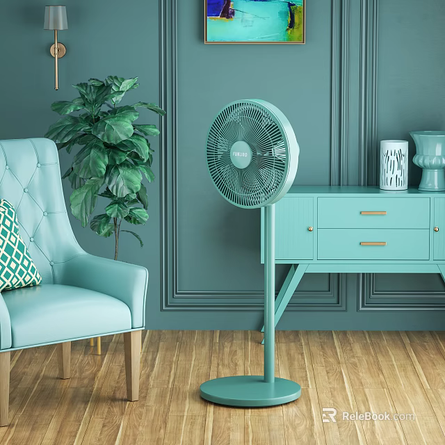 Stylish Standing Air Cooler Fan In Room With Light Blue Armchair Green Plant And Cabinet 3d model 
