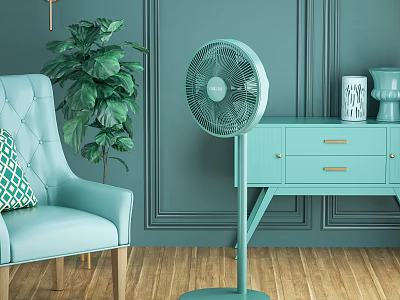 Stylish Standing Air Cooler Fan In Room With Light Blue Armchair Green Plant And Cabinet 3d model